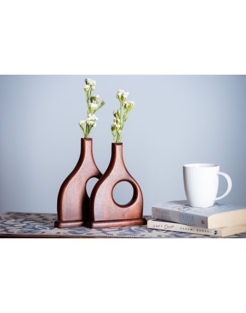 Brown Mango Wood Curvy Bud Vase (Set Of 2)