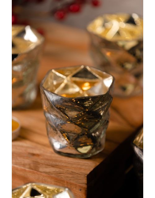 Crumpled Glass Silver Votives Hamper (Set of 06)