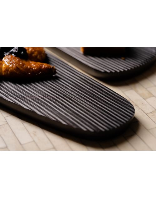 Dark Ribbed Wooden Platter (Set of 02)