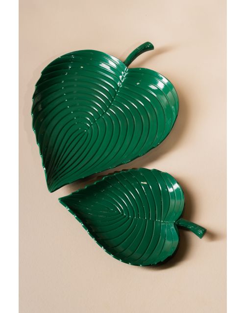 Holiday Gathering Gift Set (Contains: Metal Green Leaf Platter M, Metal Green Leaf Platter S and Glass Red Votives 4 Nos.)