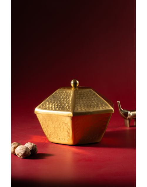 Hexa Glow Golden Hammered Box with Lid - Large
