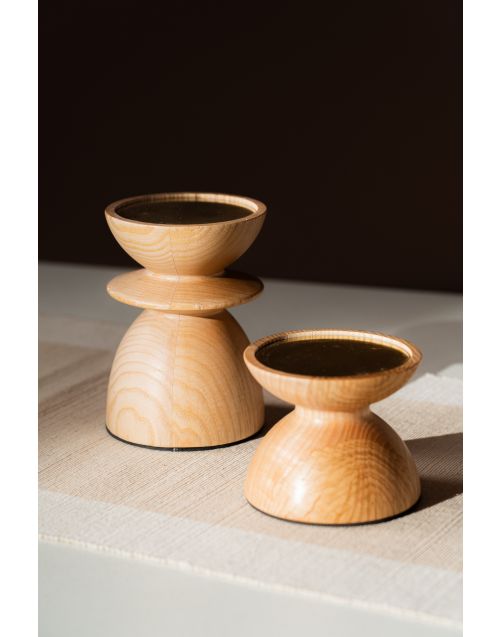 Wooden Pillar Candle Holder Pair (Set of 02)
