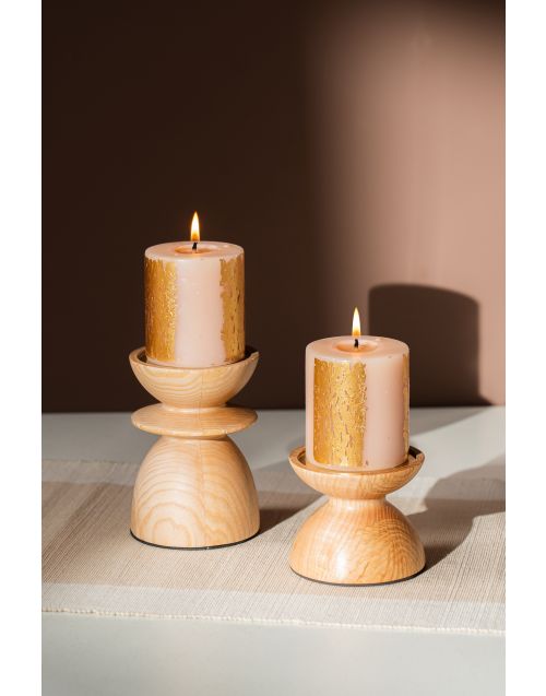 Wooden Pillar Candle Holder Pair (Set of 02)