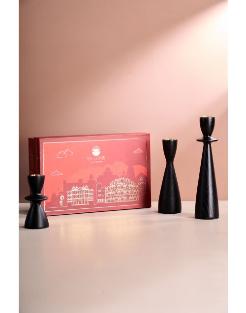 Indi Black Forest Candle Holder Set with wax Candles (Set of 3)
