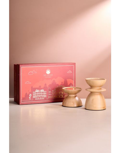 Indi Timber Cradle Pillar Candle Holder Set with Candles (Set of 2) 