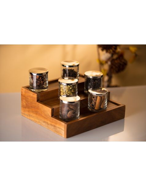 Acacia Wood Condiment Rack with 06 Pcs. Travel Jars with Lid
