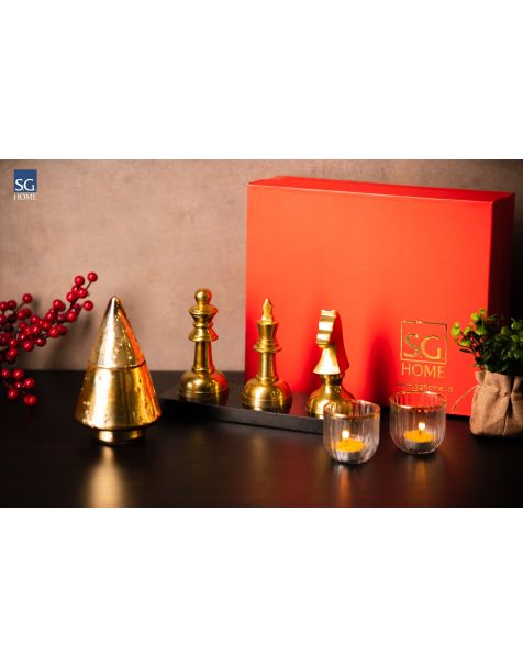 Gift Box - Gold ( Anaar Aroma Candle, Chess Accent & Set of Fluted Votives) 