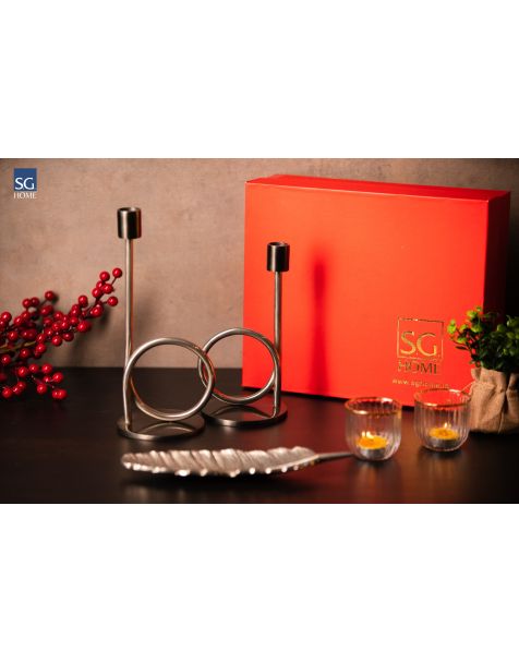 Gift Box - Infinite (Silver Eclectic Candle Stand Set, Inncense Holder & Set of Fluted Votives) 