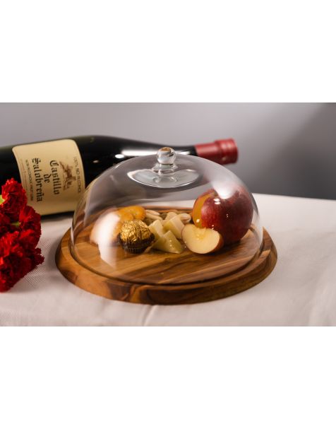 Flat Wooden Cheese Platter with Glass Dome