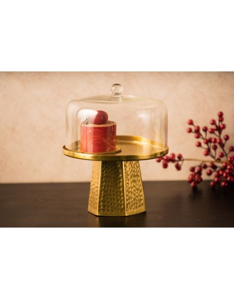 Golden Hammered Cake Stand with Glass Cloche